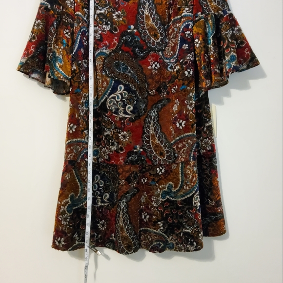 NWT!Prelude 1X Velvet Coffee Paisley/Floral Flared Sleeve Shift Dress Scoopneck - Picture 4 of 10